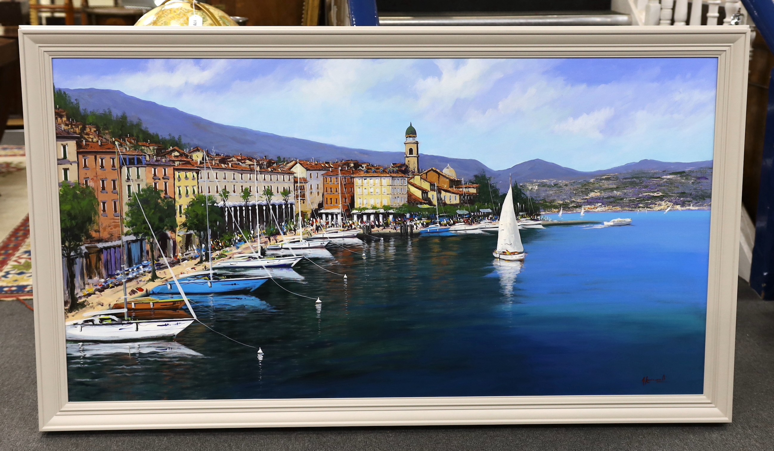 Contemporary Italian School, oil on canvas, View of Salo, indistinctly signed Antonio ..., 79 x 148cm
